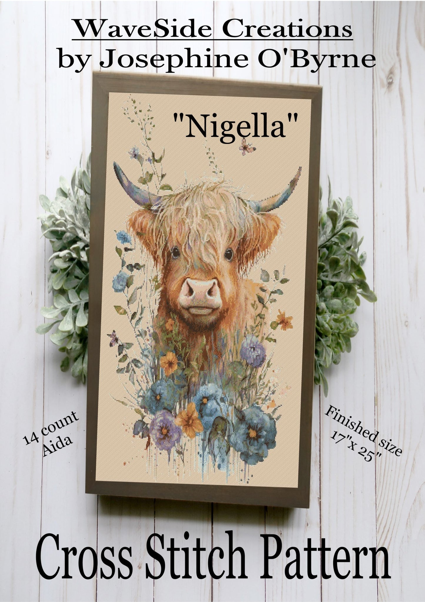 Cross stitch pattern of a cute highland cow available in Anchor Thread or DMC thread chart