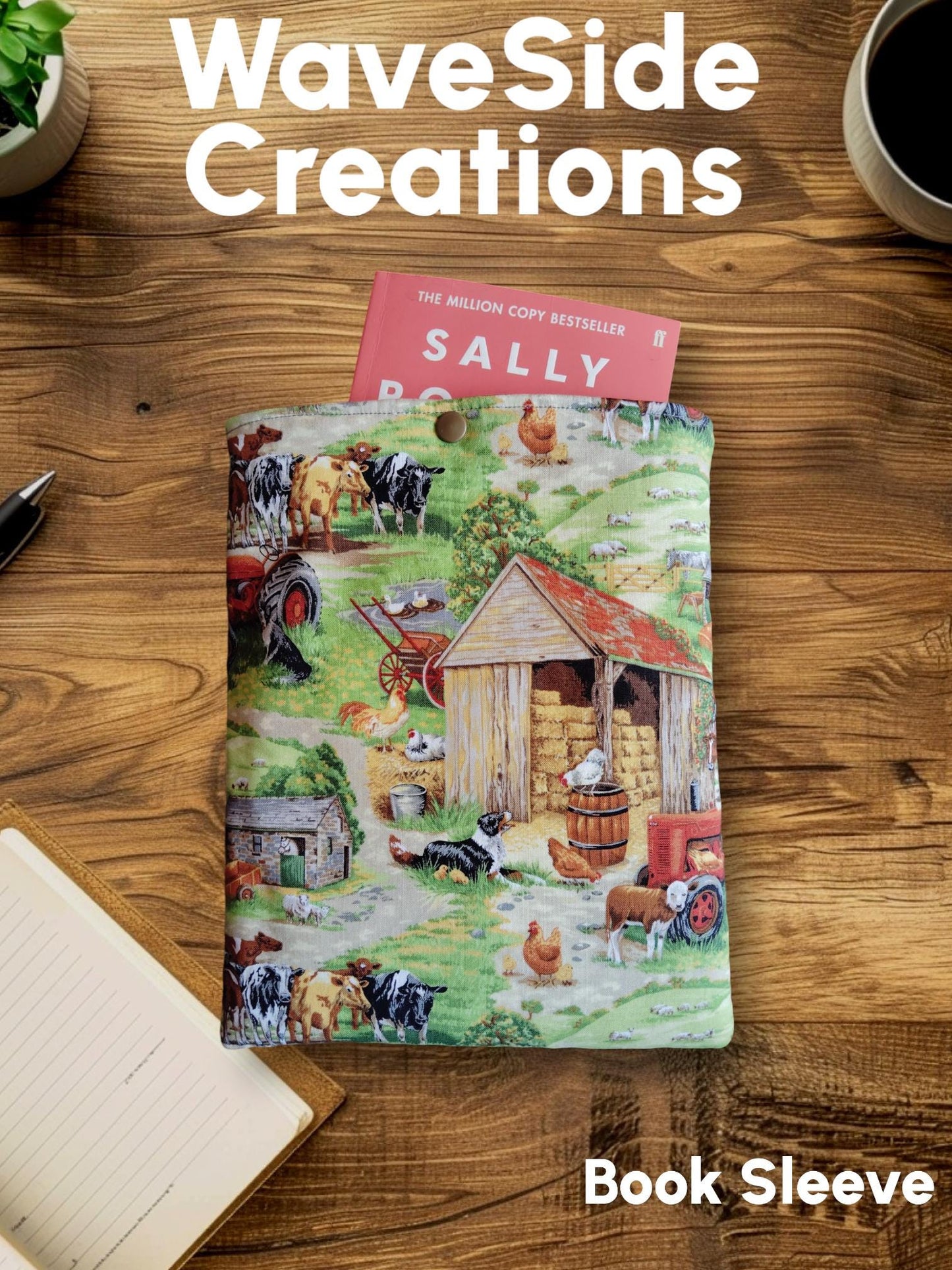 Book Sleeve, book cover, book protector, tablet cover, kindle cover, farm scene, vintage farm scene