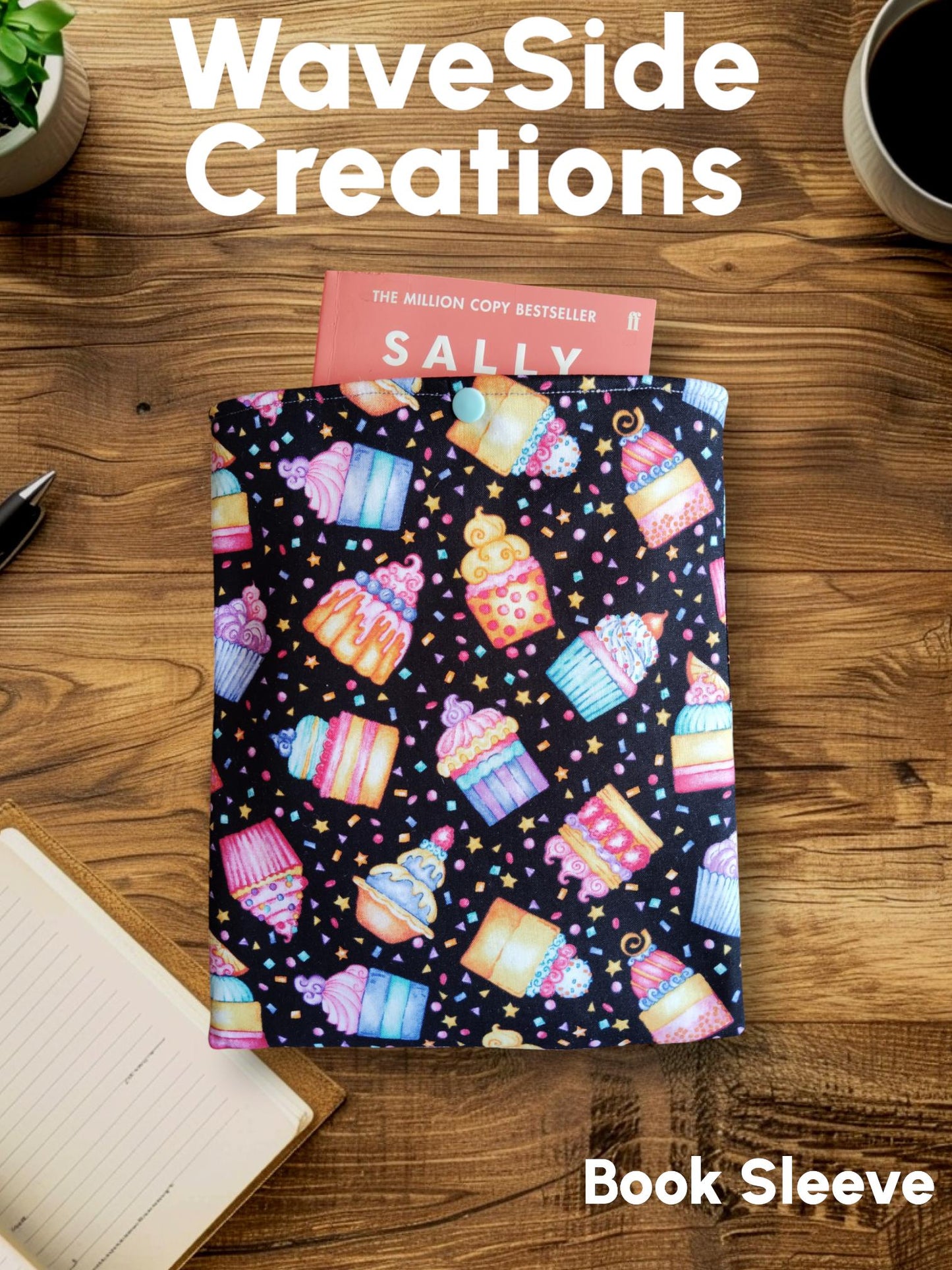 Book Sleeve, book cover, book protector, kindle cover, tablet cover, cupcake theme, baking theme,
