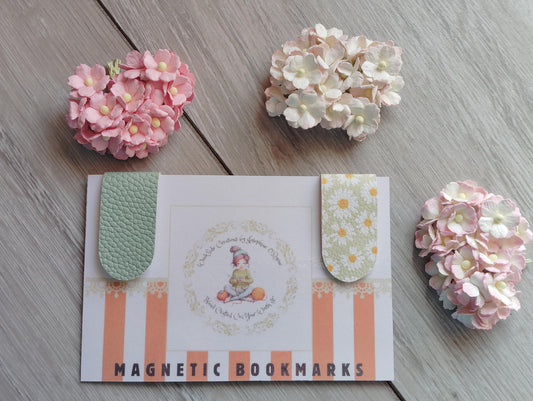 Magnetic bookmarks, leatherette bookmarks, plain green and green with daisy, book lovers gift, thank you teacher gift, gifts for him and her