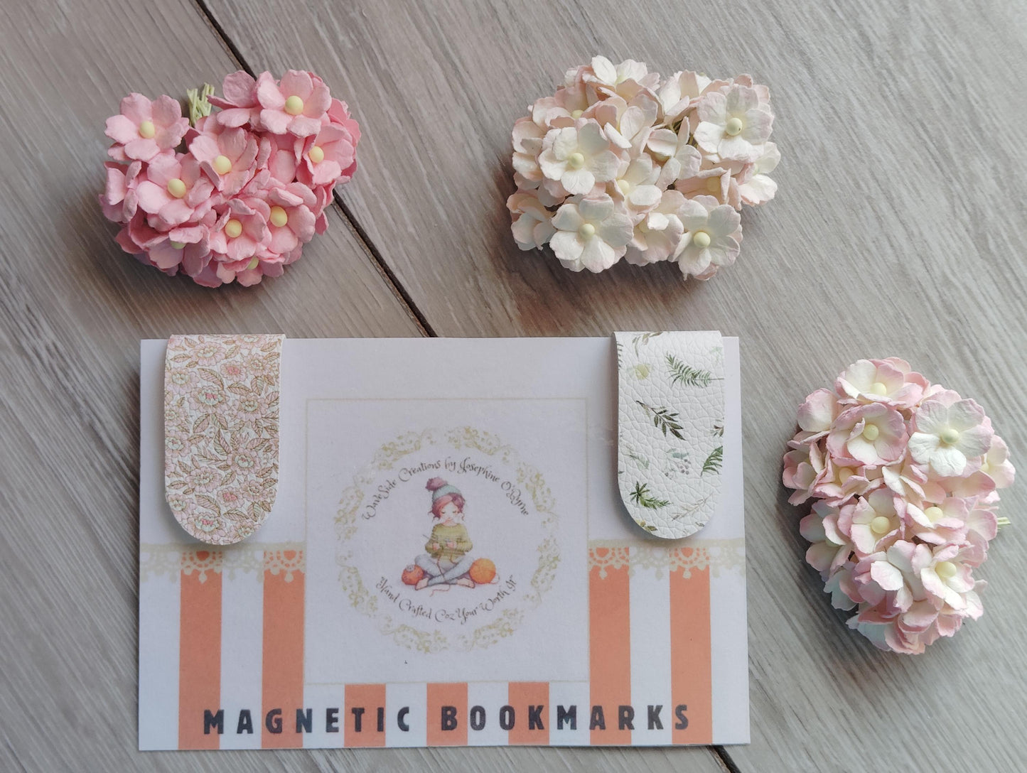 Magnetic bookmarks, leatherette bookmarks, pink floral and white floral, book lovers gift, thank you teacher gift, gifts for him and her