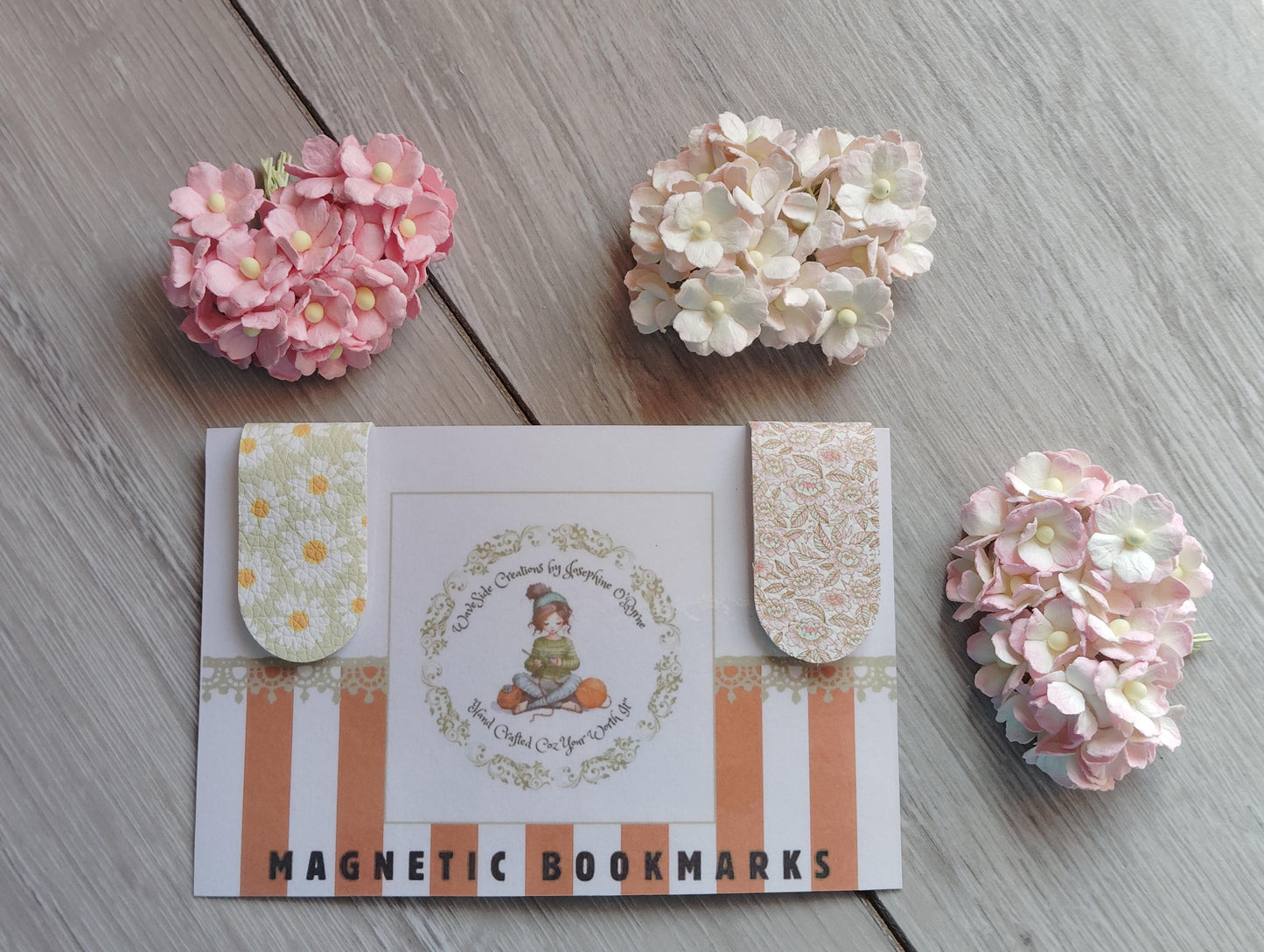 Magnetic bookmarks, leatherette bookmarks, pink floral and green with daisy, book lovers gift, thank you teacher gift, gifts for him and her