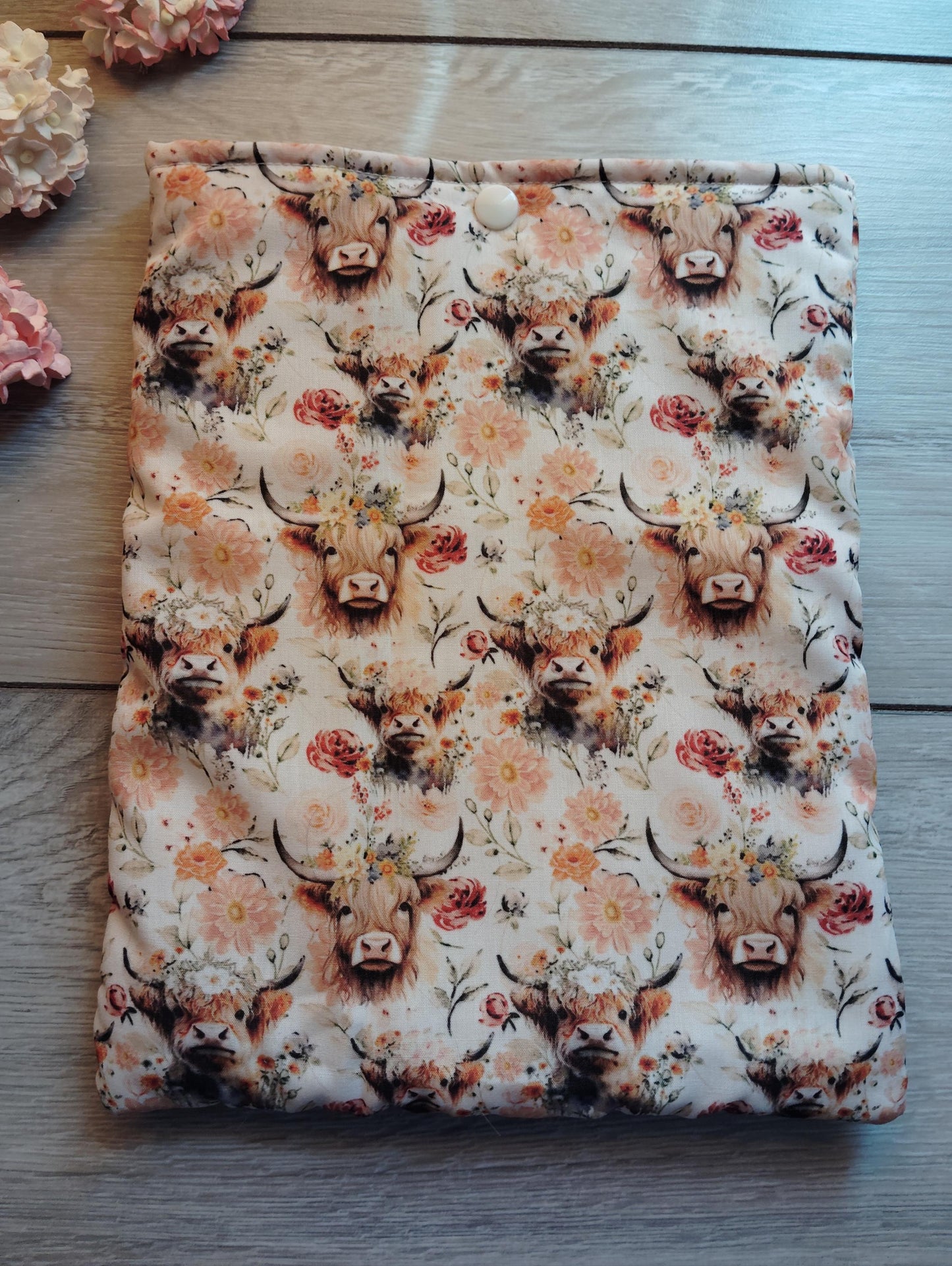 Book Sleeve, book cover, book protector, flowers and highland cows