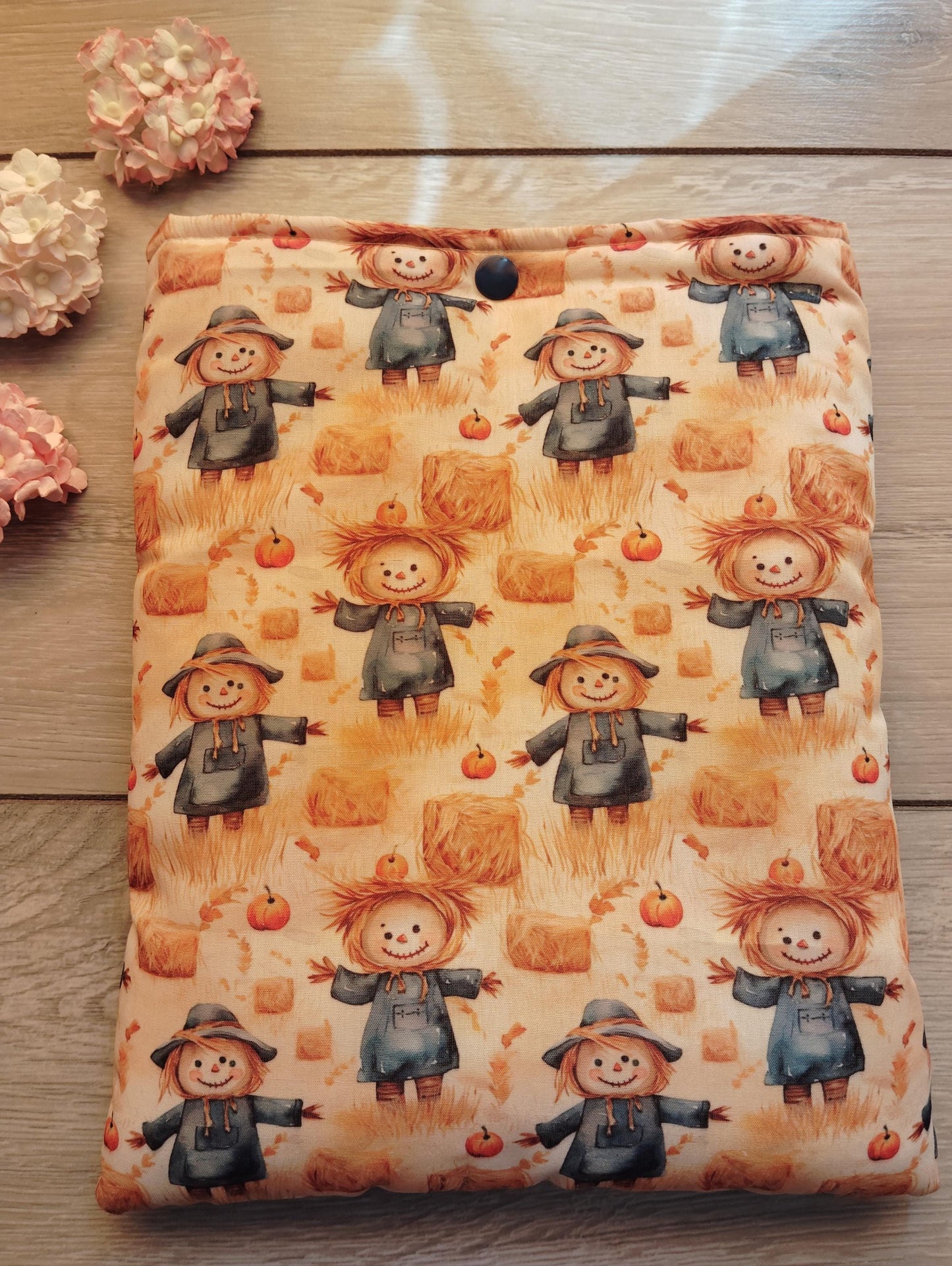Book Sleeve, book cover, book protector, kindle cover, tablet cover, scarecrow and pumpkin, Halloween themed