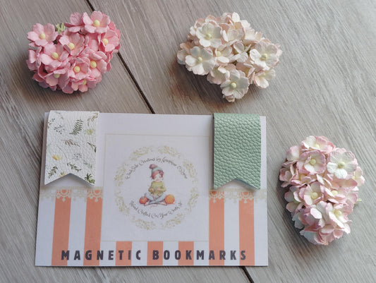 Magnetic bookmarks, leatherette bookmarks, plain green & white floral, book lovers gift, thank you teacher gift, gifts for him/her