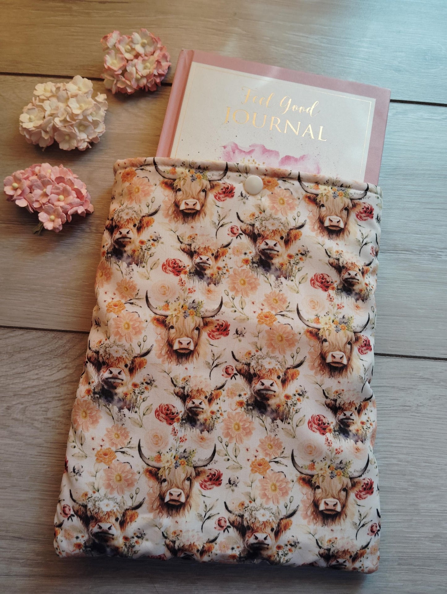 Book Sleeve, book cover, book protector, flowers and highland cows