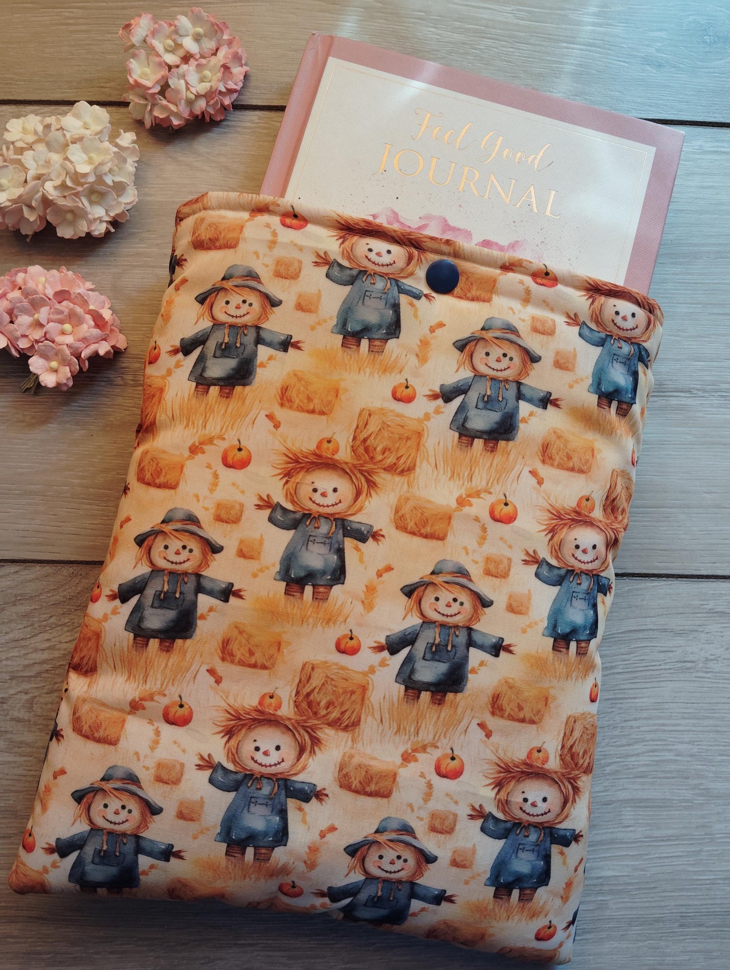 Book Sleeve, book cover, book protector, kindle cover, tablet cover, scarecrow and pumpkin, Halloween themed