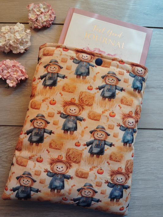 Book Sleeve, book cover, book protector, kindle cover, tablet cover, scarecrow and pumpkin, Halloween themed