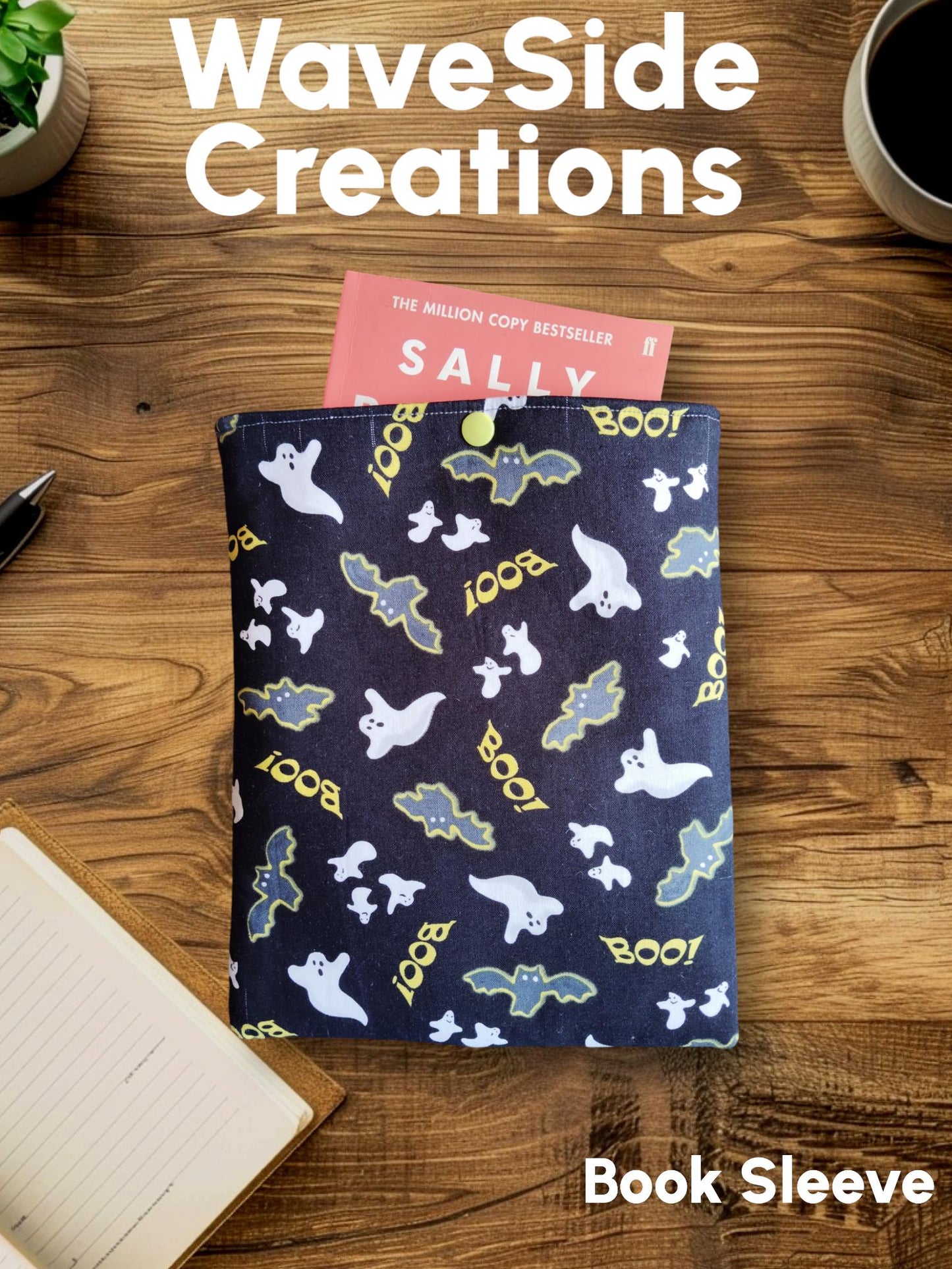 Book Sleeve, book cover, book protector, ghosts and bats theme, Halloween theme