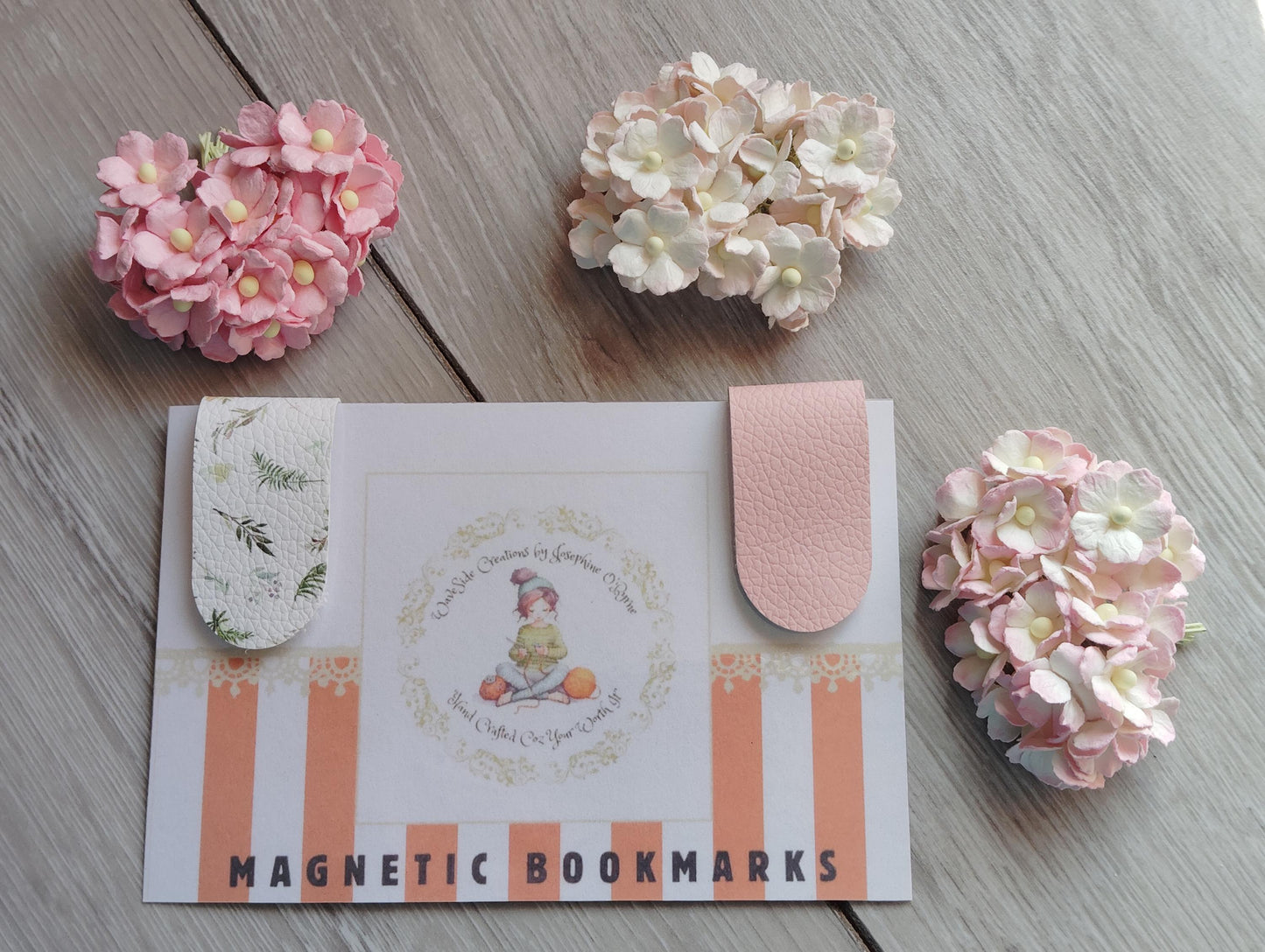 Magnetic bookmarks, leatherette bookmarks, plain pink and white floral, book lovers gift, thank you teacher gift, gifts for him and her