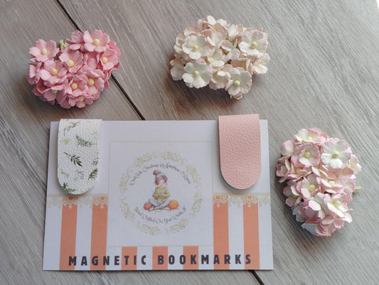 Magnetic bookmarks, leatherette bookmarks, plain pink and white floral, book lovers gift, thank you teacher gift, gifts for him and her