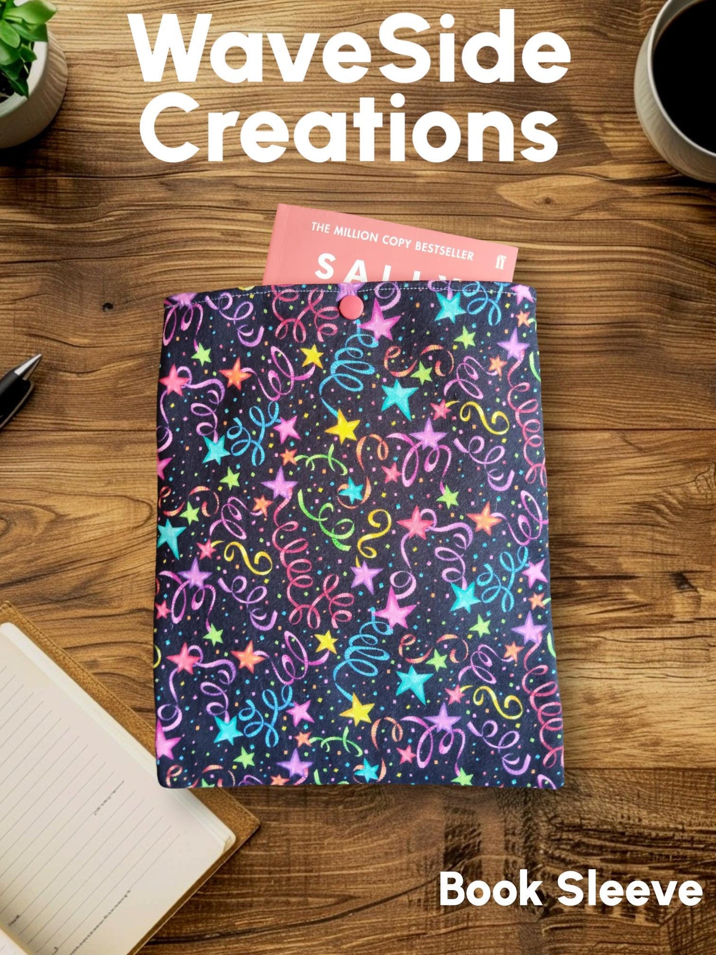 Book Sleeve, book cover, book protector, tablet cover, kindle cover,  celebration theme, streamers and stars