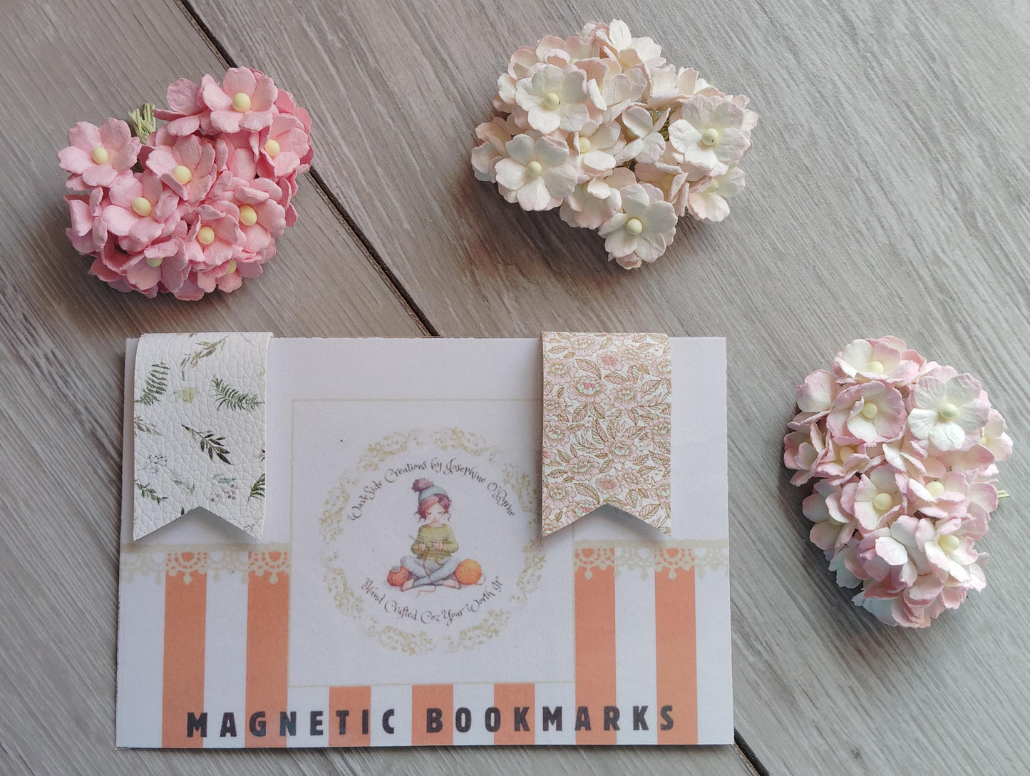 Magnetic bookmarks, leatherette bookmarks, pink floral & white floral, book lovers gift, thank you teacher gift, gifts for him/her