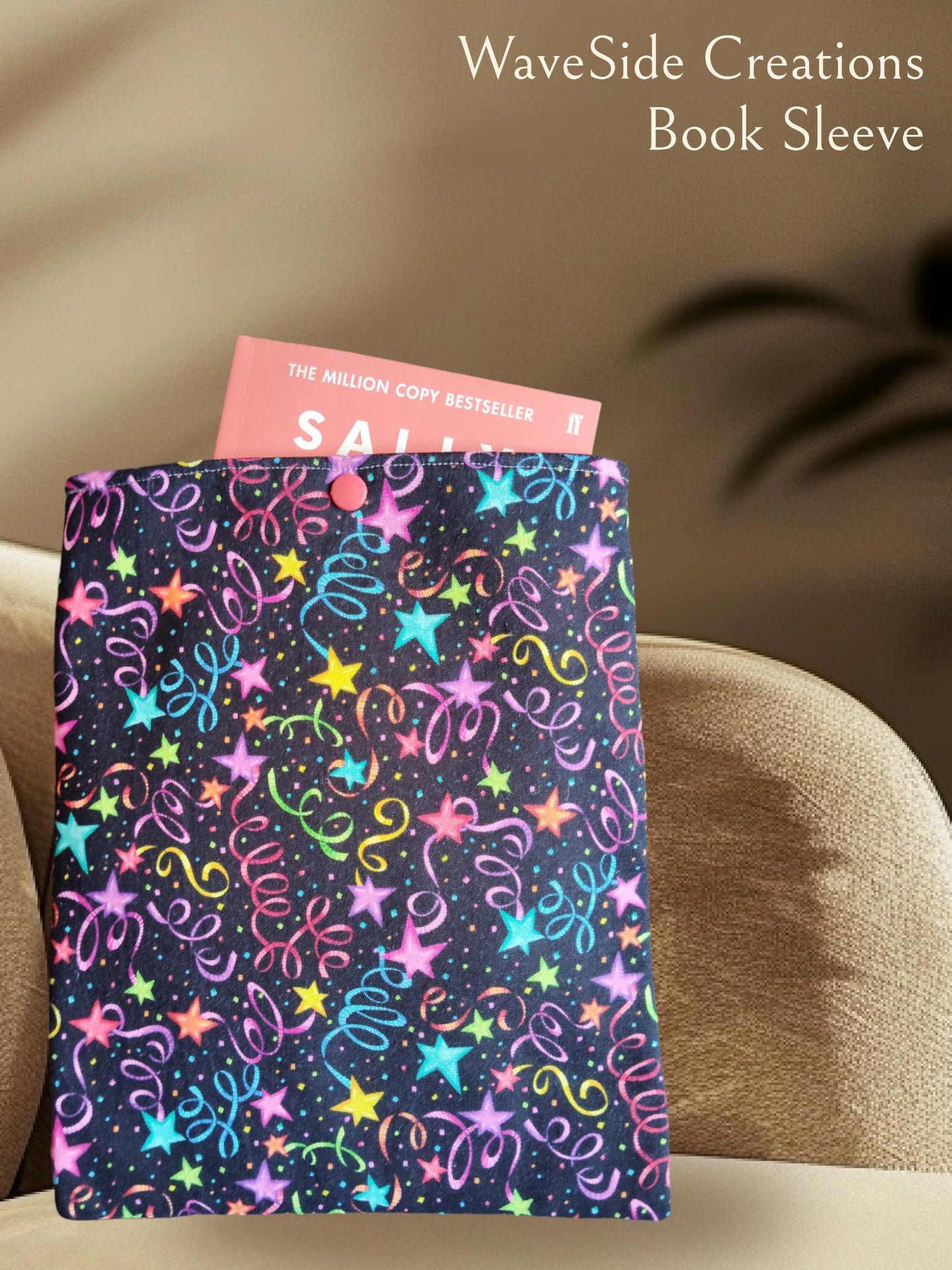 Book Sleeve, book cover, book protector, tablet cover, kindle cover,  celebration theme, streamers and stars