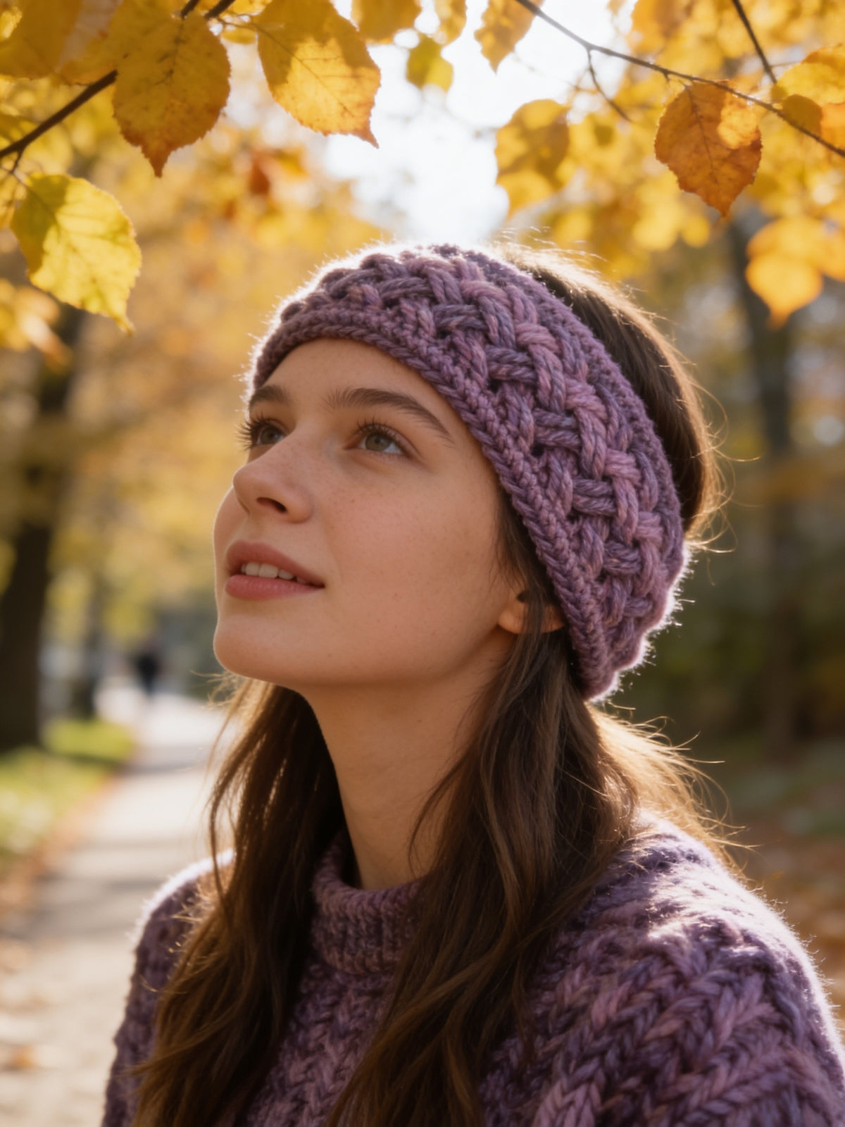 Ear warmer/Headband/Earwarmer - Hand crochet Celtic stitch design/pattern, Hand crafted from multi-colour purple hue acrylic yarn