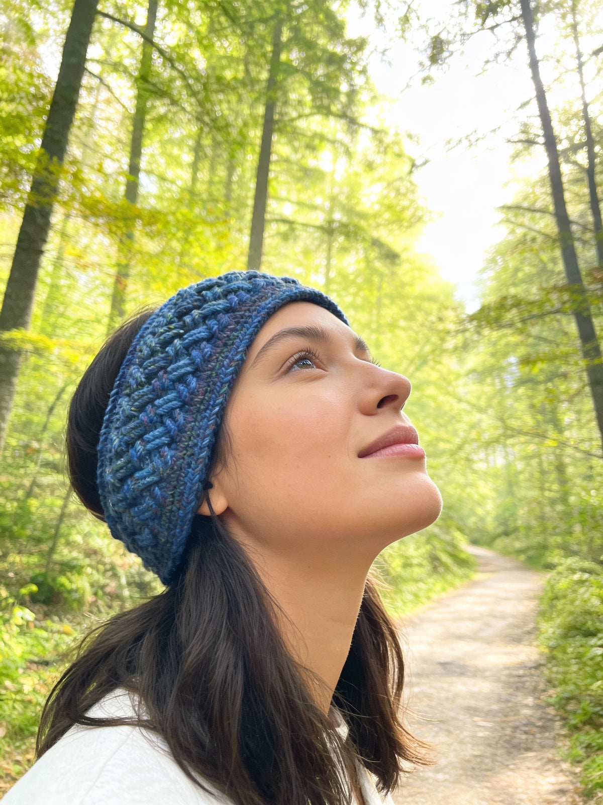 Ear warmer/Headband/Earwarmer- Hand crochet Celtic stitch design/pattern, Hand crafted from multi-colour blue hue acrylic yarn