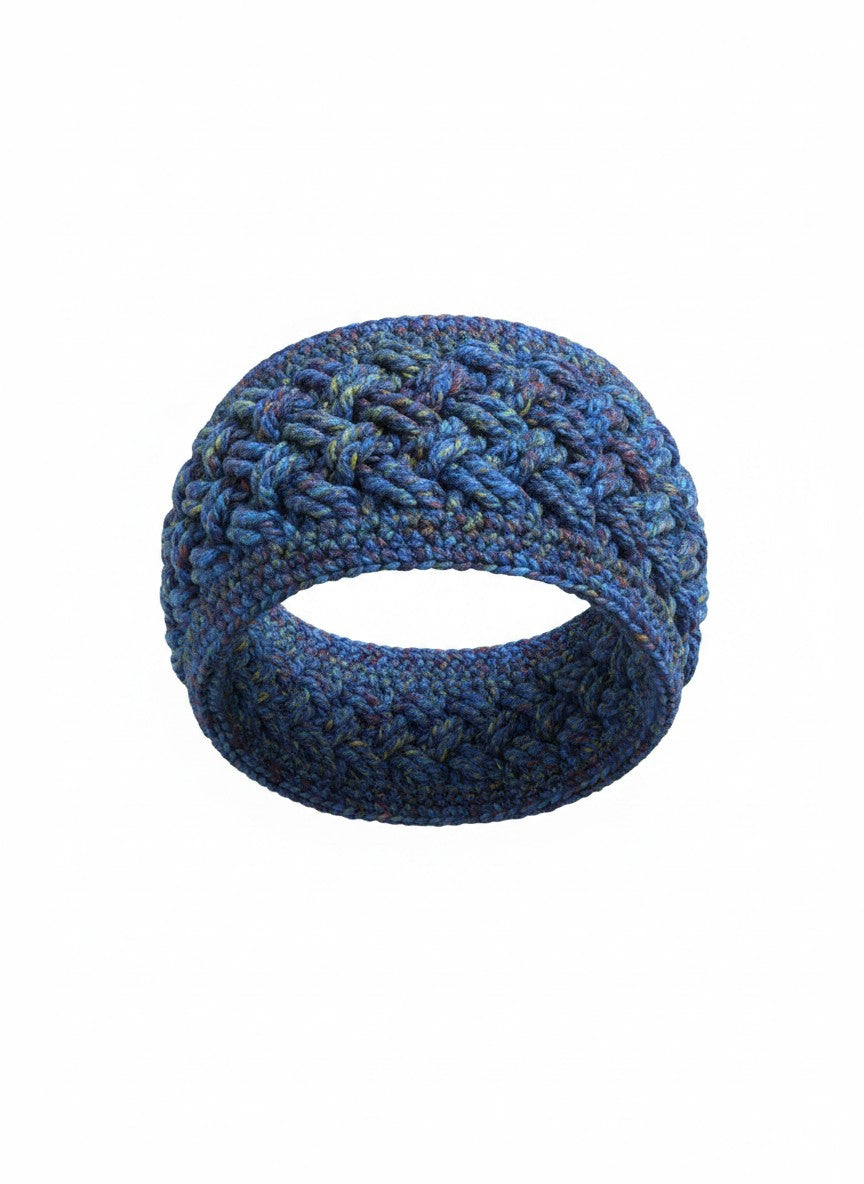 Ear warmer/Headband/Earwarmer- Hand crochet Celtic stitch design/pattern, Hand crafted from multi-colour blue hue acrylic yarn