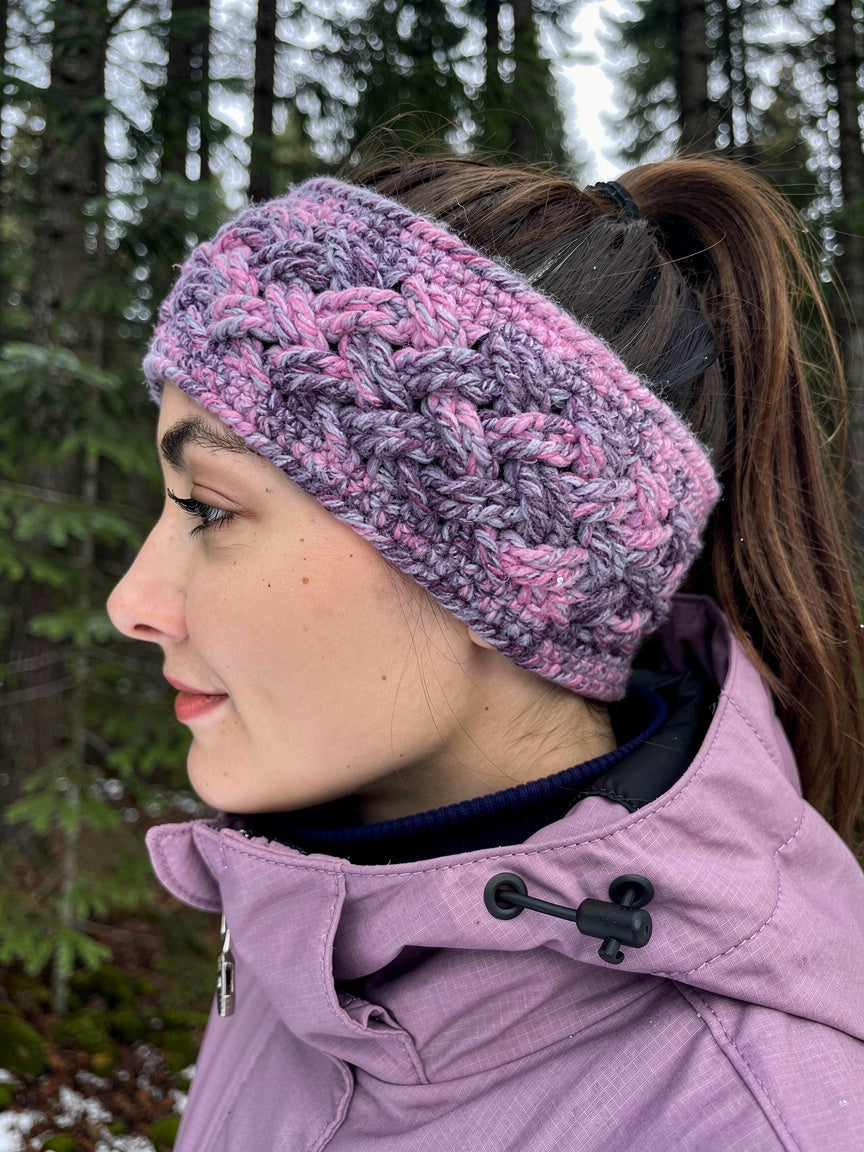 Ear warmer/Headband/Earwarmer - Hand crochet Celtic stitch design/pattern, Hand crafted from multi-colour purple hue acrylic yarn