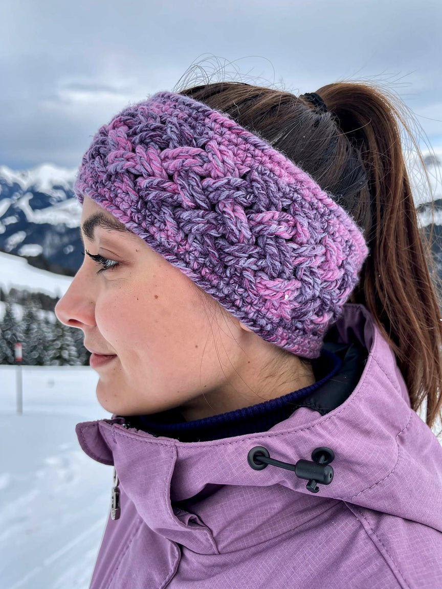 Ear warmer/Headband/Earwarmer - Hand crochet Celtic stitch design/pattern, Hand crafted from multi-colour purple hue acrylic yarn