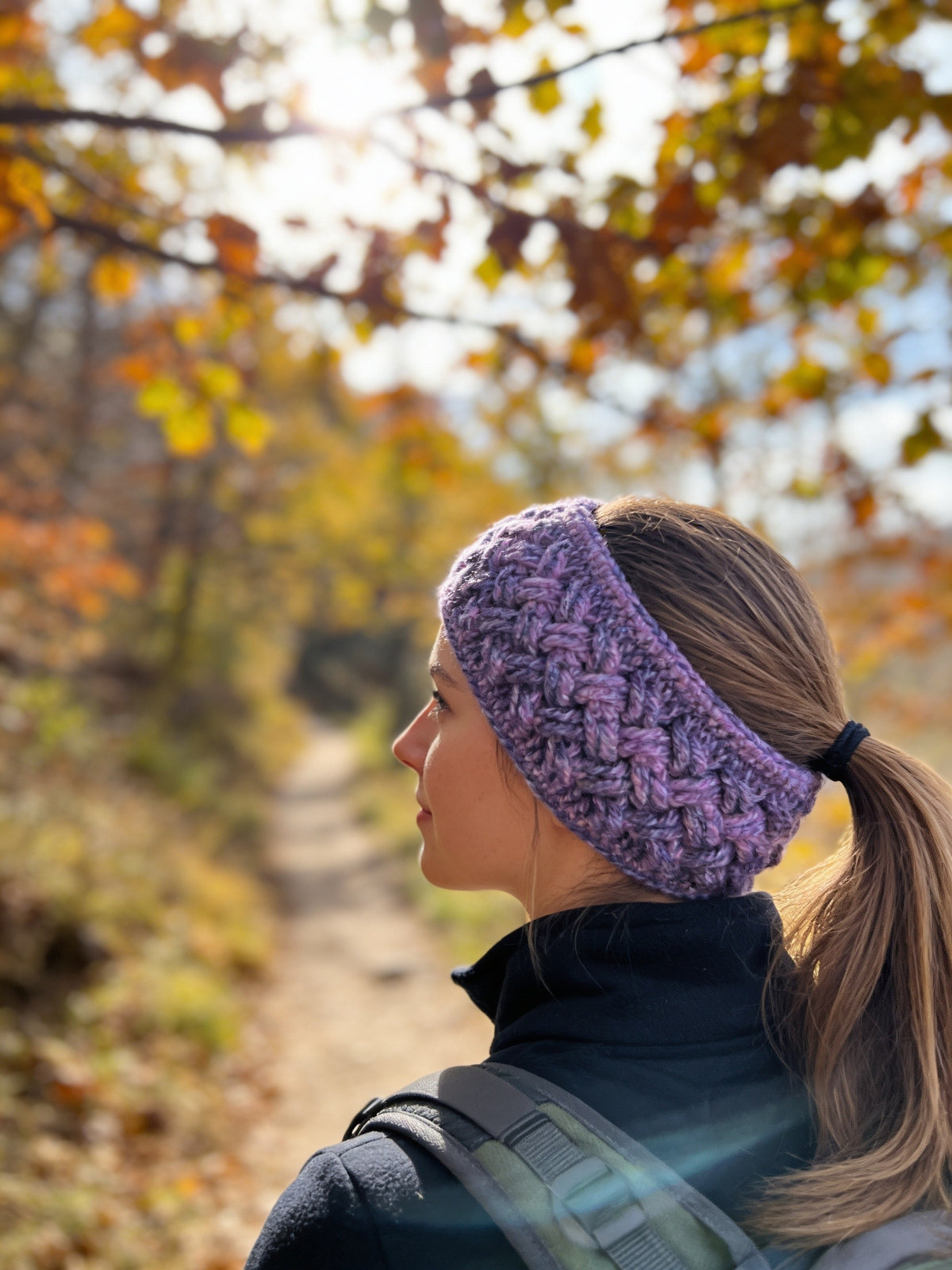 Ear warmer/Headband/Earwarmer - Hand crochet Celtic stitch design/pattern, Hand crafted from multi-colour purple hue acrylic yarn