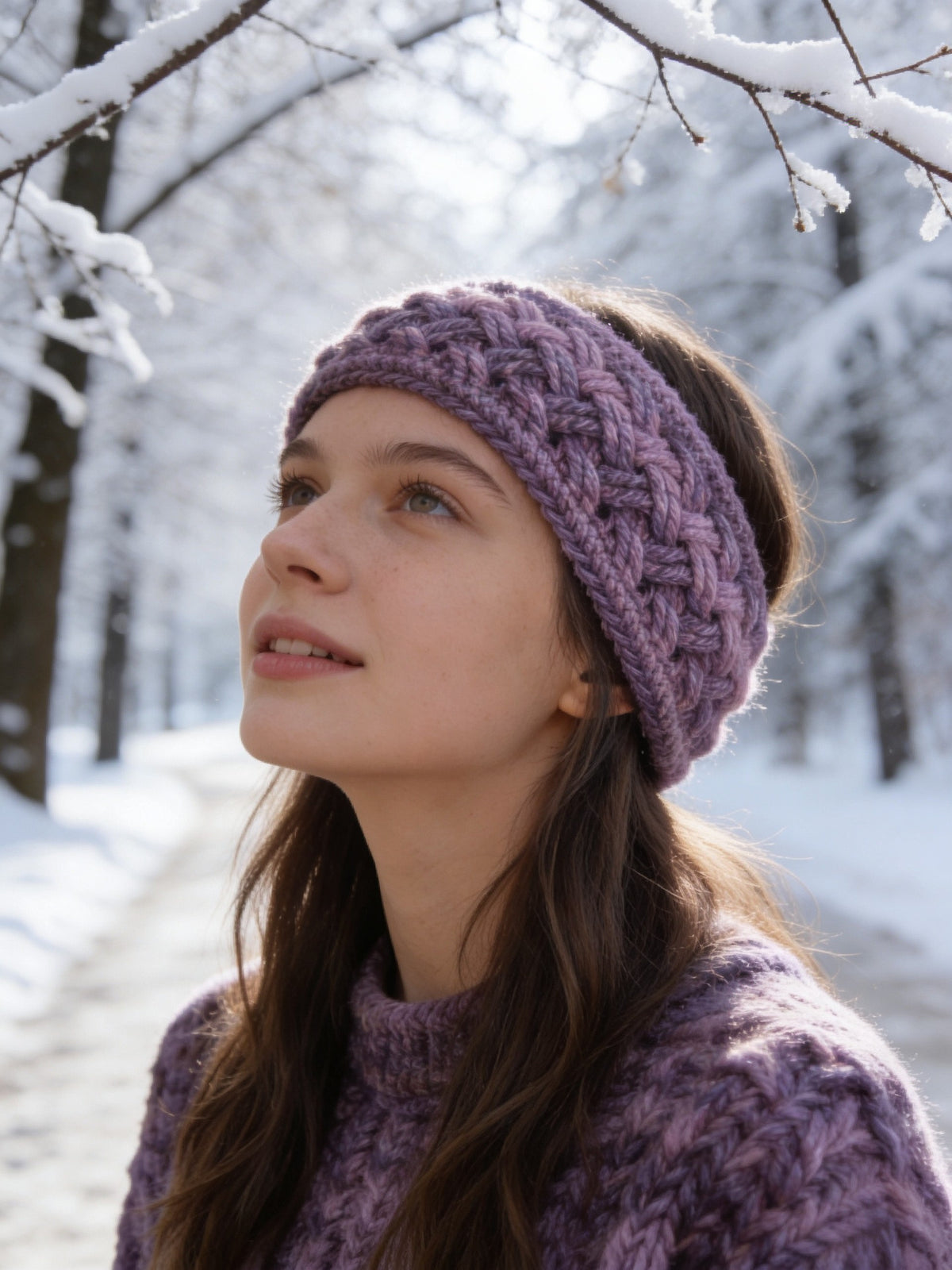 Ear warmer/Headband/Earwarmer - Hand crochet Celtic stitch design/pattern, Hand crafted from multi-colour purple hue acrylic yarn
