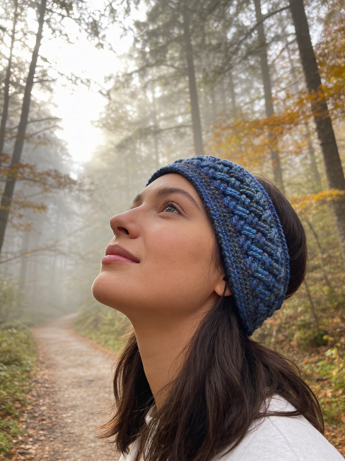Ear warmer/Headband/Earwarmer- Hand crochet Celtic stitch design/pattern, Hand crafted from multi-colour blue hue acrylic yarn