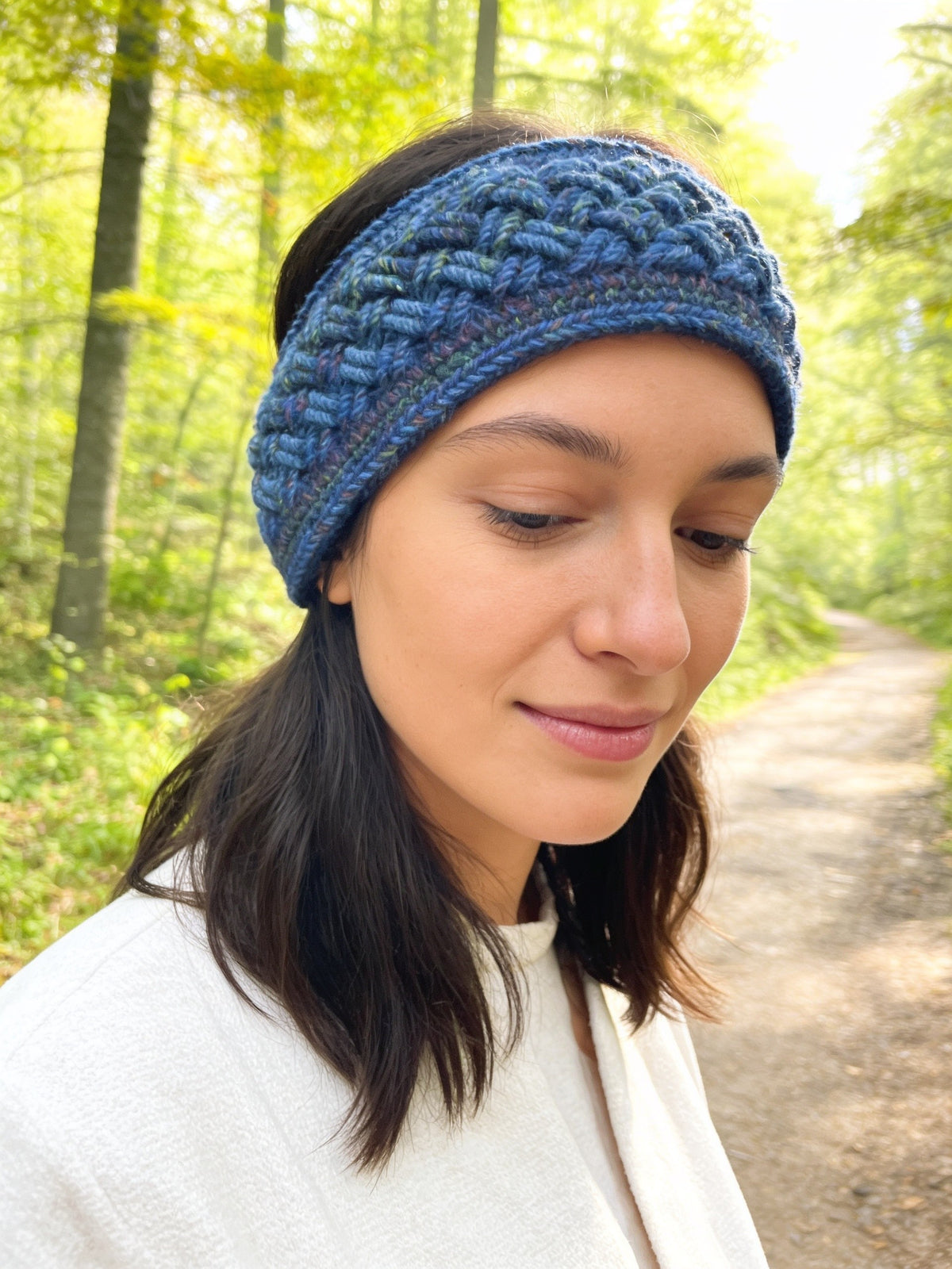 Ear warmer/Headband/Earwarmer- Hand crochet Celtic stitch design/pattern, Hand crafted from multi-colour blue hue acrylic yarn