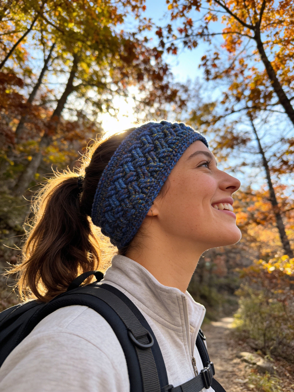 Ear warmer/Headband/Earwarmer- Hand crochet Celtic stitch design/pattern, Hand crafted from multi-colour blue hue acrylic yarn